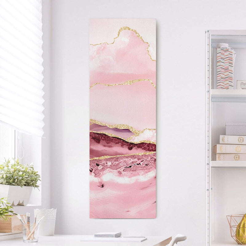 Leinwandbild Abstrakte Berge Rosa mit Goldene Linien 90 x 30cm Recycled Canvas 90cm x 30cm - Recycle