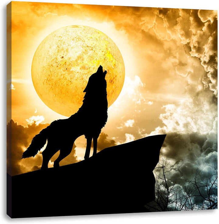 Wolf heult den Mond an, Format: 70x70 auf Leinwand, XXL riesige Bilder fertig gerahmt mit Keilrahmen