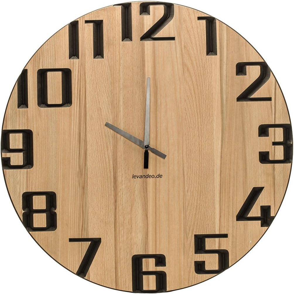 levandeo Wanduhr 60cm rund Holz Markenuhr Moderne Ziffern Kernbuche Made in Germany 60cm Kernbuche M