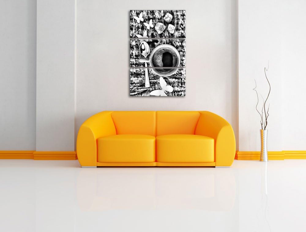 Pixxprint Monocrome, Espresso Schwarze Tasse Butterfly Schmetterling Kaffe 3-Teiler Leinwandbild 120