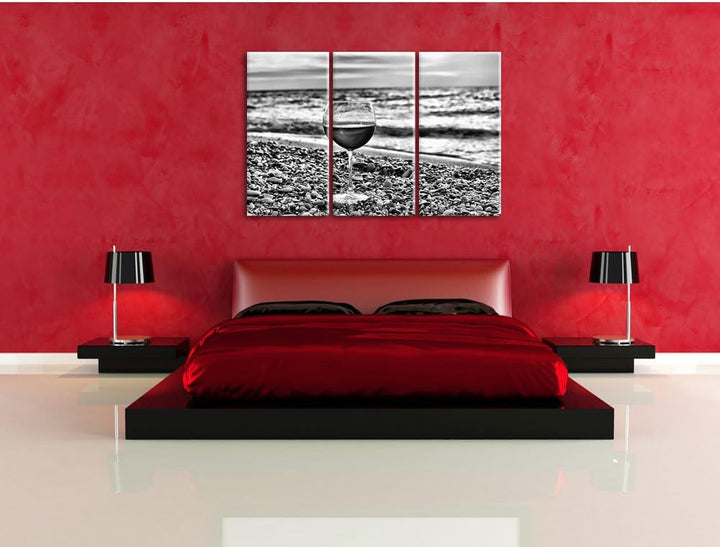 Pixxprint Monocrome, Weinglas am Steinstrand 3-Teiler Leinwandbild 120x80 Bild auf Leinwand