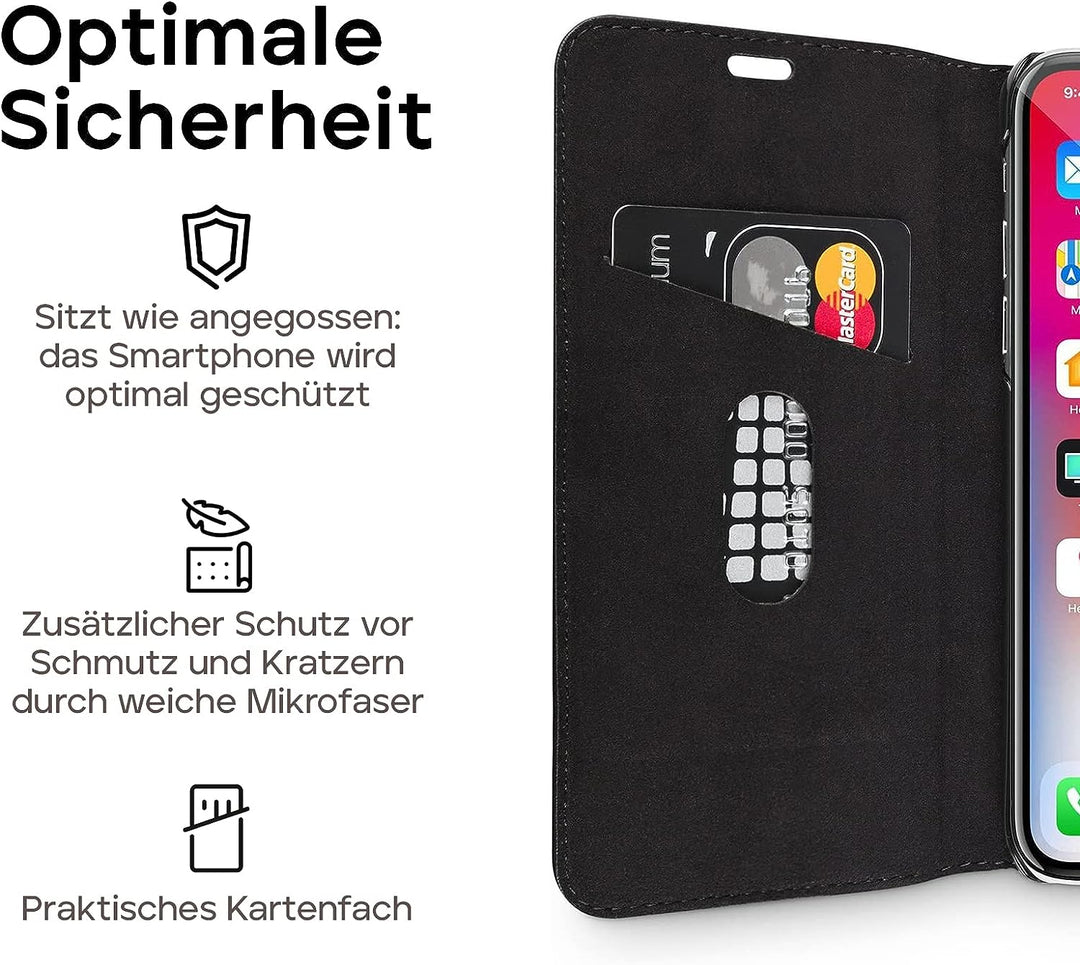 WIIUKA Echt Ledertasche - TRAVEL - für Apple iPhone X und XS mit Kartenfach, kabelloses Laden Qi, ex
