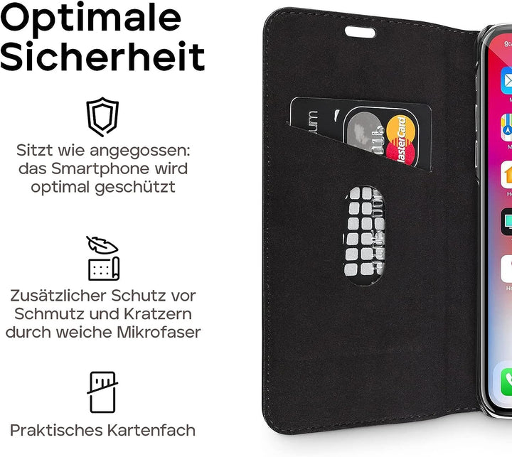 WIIUKA Echt Ledertasche - TRAVEL - für Apple iPhone X und XS mit Kartenfach, kabelloses Laden Qi, ex