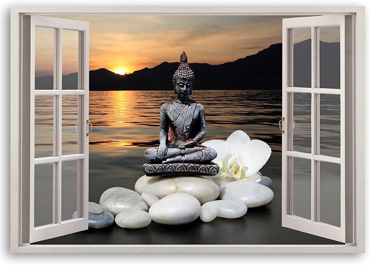 Feeby Viles - Leinwand Bilder - Fensterblick Natur- 120x80 cm- Deko Wohnzimmer - Wandbilder Schlafzi