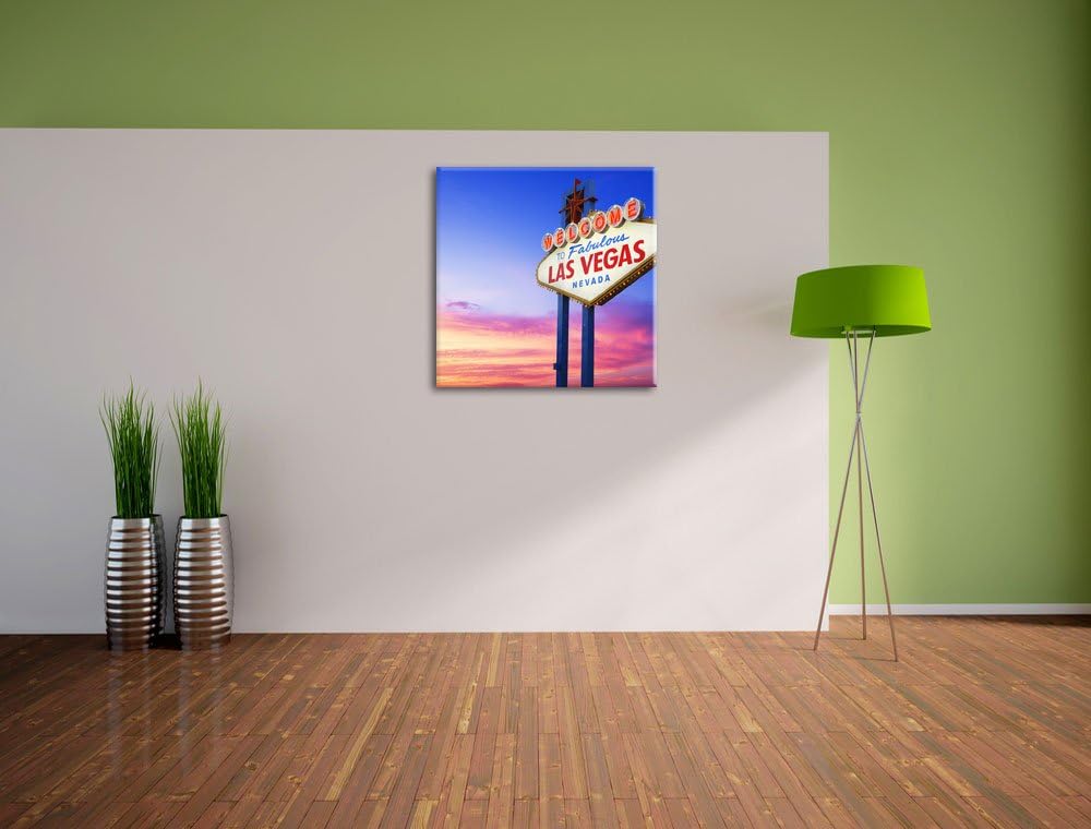 Pixxprint Las Vegas Schild in der Dämmerung als Leinwandbild/Grösse: 70x70 cm/Wandbild/Kunstdruck/fe