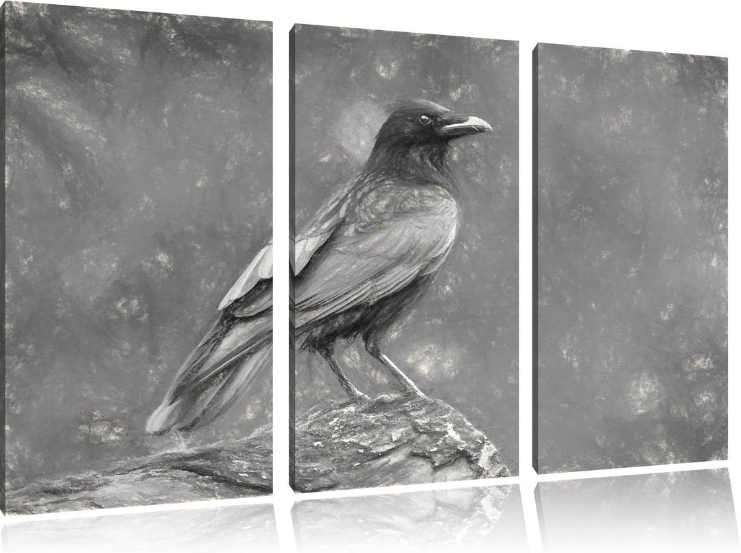 Krähe auf Baumstamm Spezial 3-Teiler Leinwandbild 120x80 Bild auf Leinwand, XXL riesige Bilder ferti