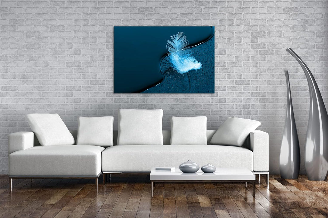 deyoli schöne Feder mit Wassertropfen Format 80x60 Effekt: Monocrome Blau als Leinwandbild, Motiv fe