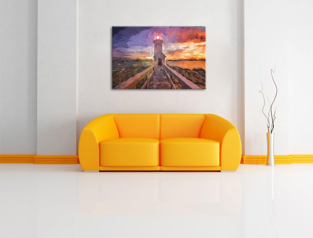 Pixxprint Leuchtturm bei Sonnenuntergang Pinsel Effekt, Format: 100x70 auf Leinwand, XXL riesige Bil