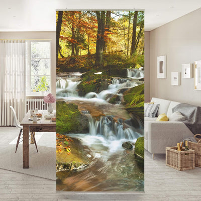 Bilderwelten Raumteiler Wasserfall herbstlicher Wald 250x120cm ohne Halterung 250x120cm without hang