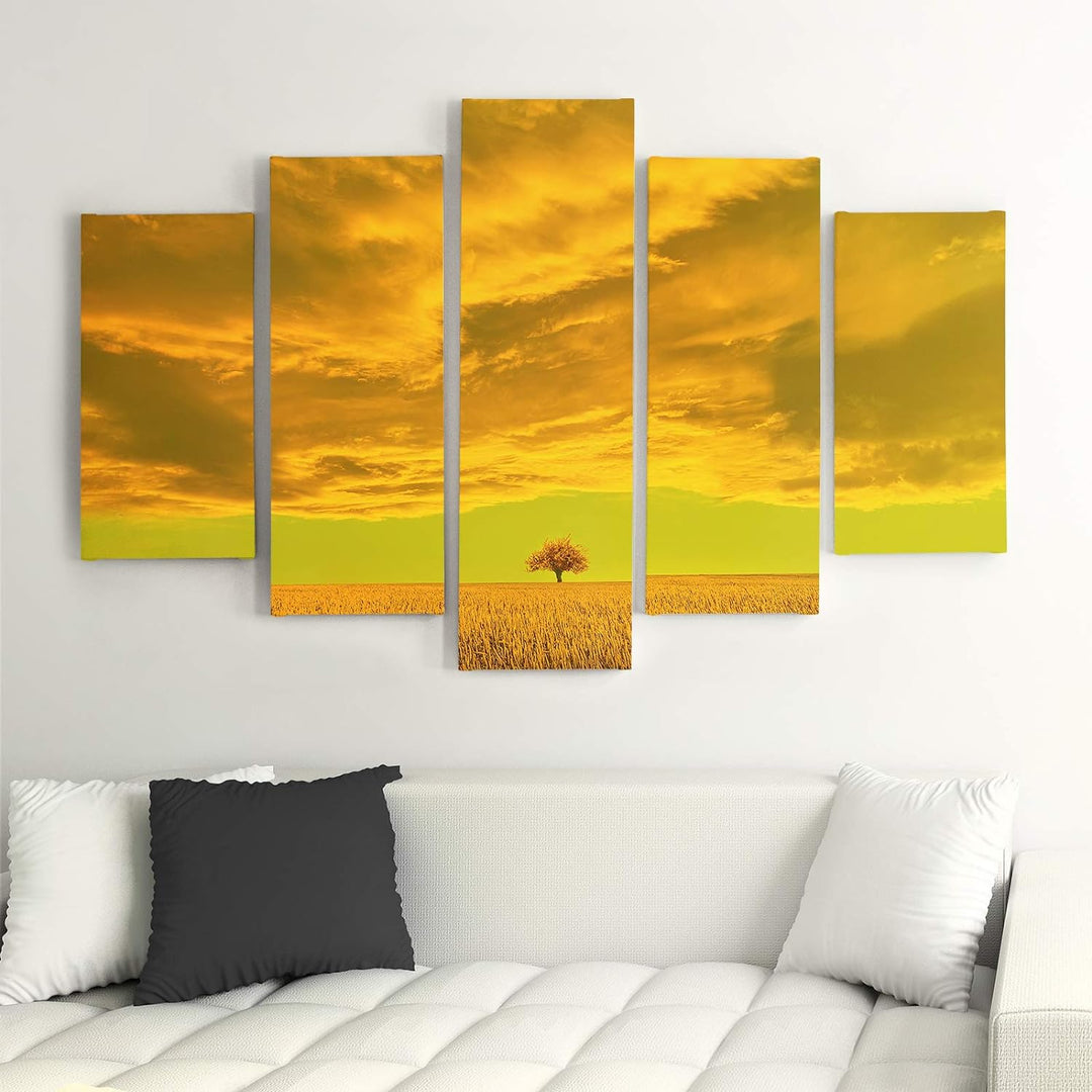 Feeby Wandbild Abstrakt 100x70 cm - Deco Panel - 5 Teilig - Kunstdruck Wiese Wolke orange Deco Panel