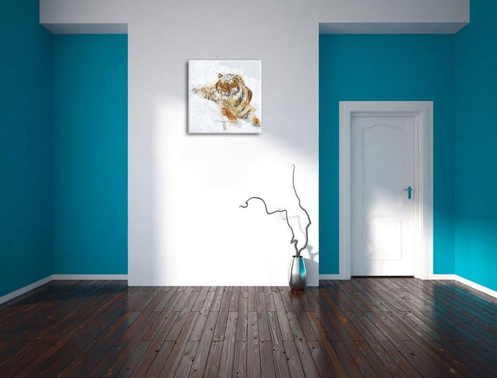 Pixxprint Amur Tiger im Schnee als Leinwandbild | Grösse: 70x70 cm | Wandbild | Kunstdruck | fertig