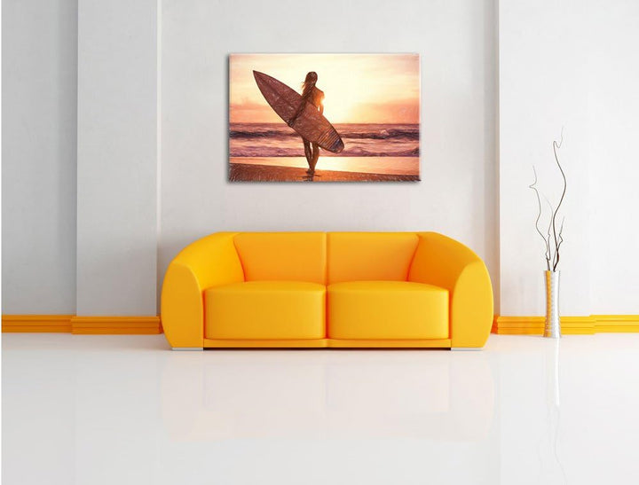 Pixxprint Surferin vor Sonnenuntergang als Leinwandbild/Grösse: 100x70 cm/Wandbild/Kunstdruck/fertig