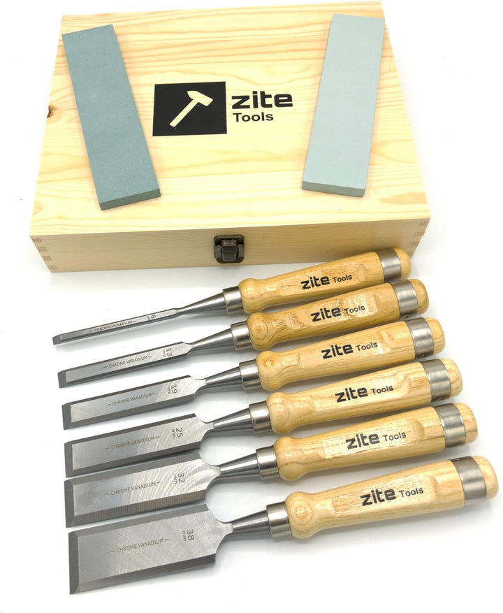 Zite Tools hochwertiges Meissel-Set für Holzarbeiten - 6 Meissel & 2 Schleifsteine - verschiedene Gr