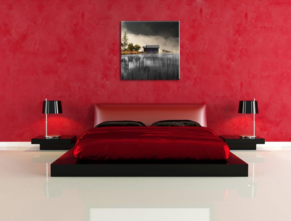 Pixxprint Häuschen am See mit Nebel / 70x70cm Leinwandbild bespannt auf Holzrahmen/Wandbild Kunstdru
