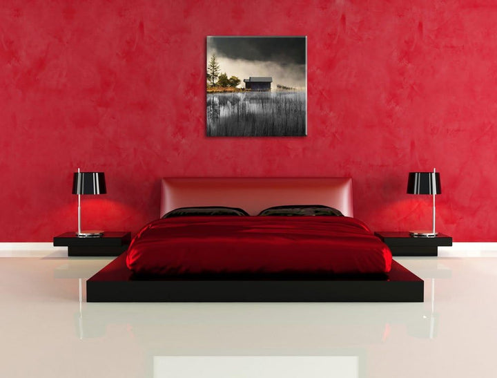 Pixxprint Häuschen am See mit Nebel / 70x70cm Leinwandbild bespannt auf Holzrahmen/Wandbild Kunstdru