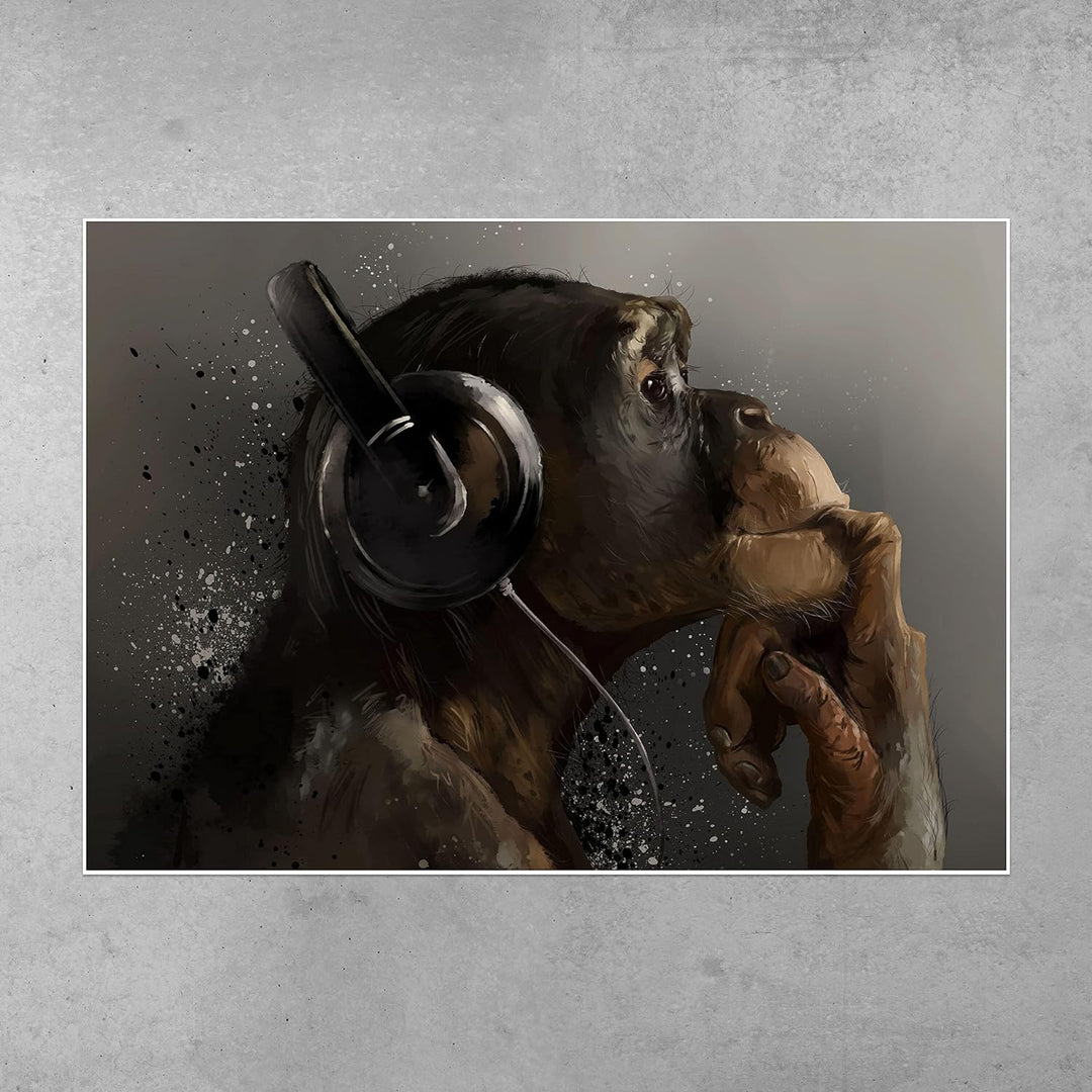 wandmotiv24 Poster als Wanddeko, Grösse Din A1, AFFE mit Kopfhörer, Headset, Musik, Tiere, Affen, Mo