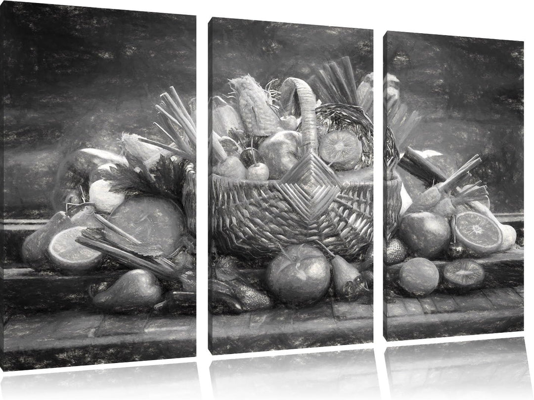 Pixxprint Obst und Gemüse im Korb als Leinwandbild/Grösse: 3 Teilig (120x80 cm) cm/Wandbild/Kunstdru