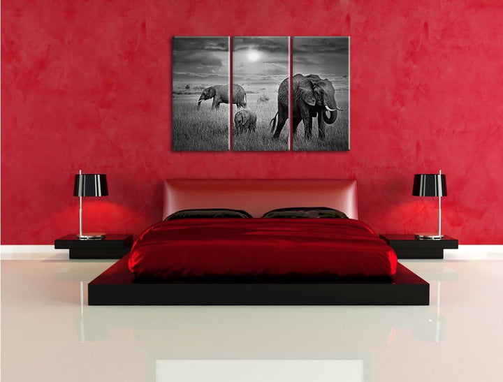 Pixxprint Elefanten bei Sonnenuntergang in der Savanne Kunst B&W 3-Teiler Leinwandbild 120x80 Bild a