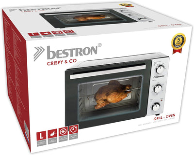 Bestron AOV31 2-in-1 Mini-Backofen mit Drehspiess, 31 Liter, 1500 W, Edelstahl, Schwarz 31 Liter Min