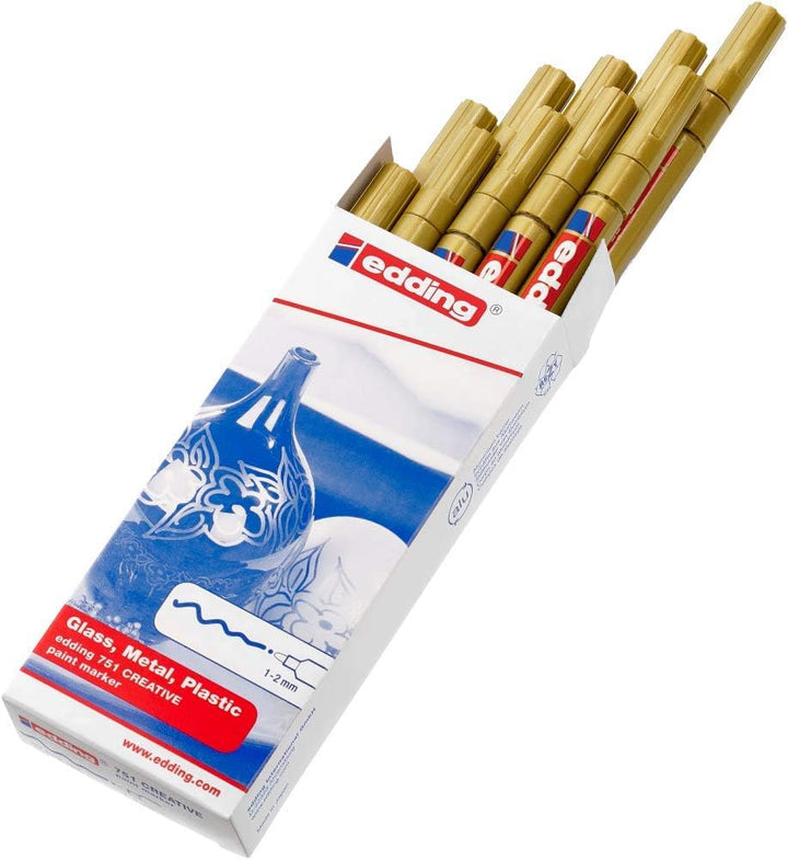 edding 751 Glanzlackmarker - gold - 10 Lackmarker - Rundspitze 1-2 mm - Lackstift für Glas, Stein, H