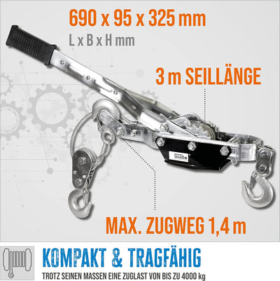 Güde 38351 Handhebelseilzug HS 4000 (Stabile, verzinkte Stahlkonstruktion, 2-fach gesicherte Ratsche