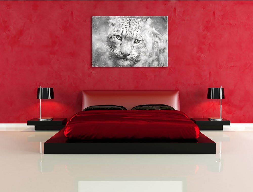eleganter Schneeleopard schwarz/weiss Deluxe Format: 100x70 cm auf Leinwand, XXL riesige Bilder fert