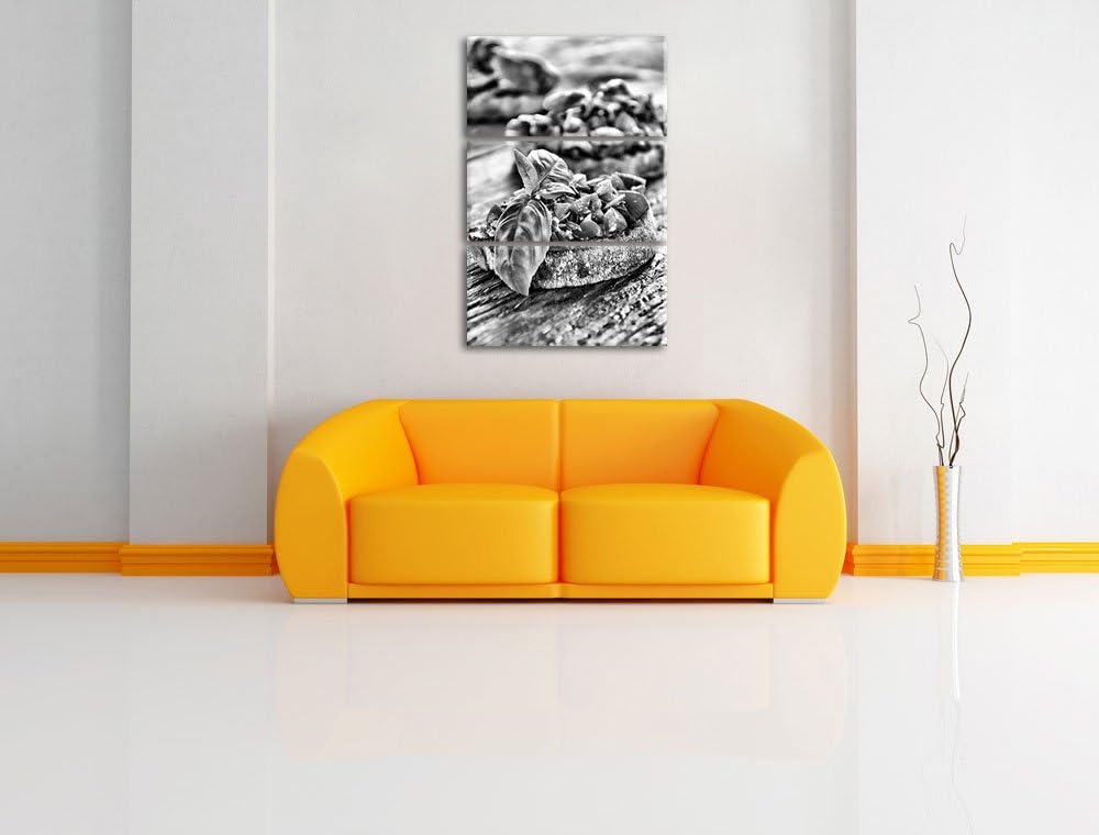 Pixxprint Monocrome, Köstliche Tomaten Bruchetta 3-Teiler Leinwandbild 120x80 Bild auf Leinwand