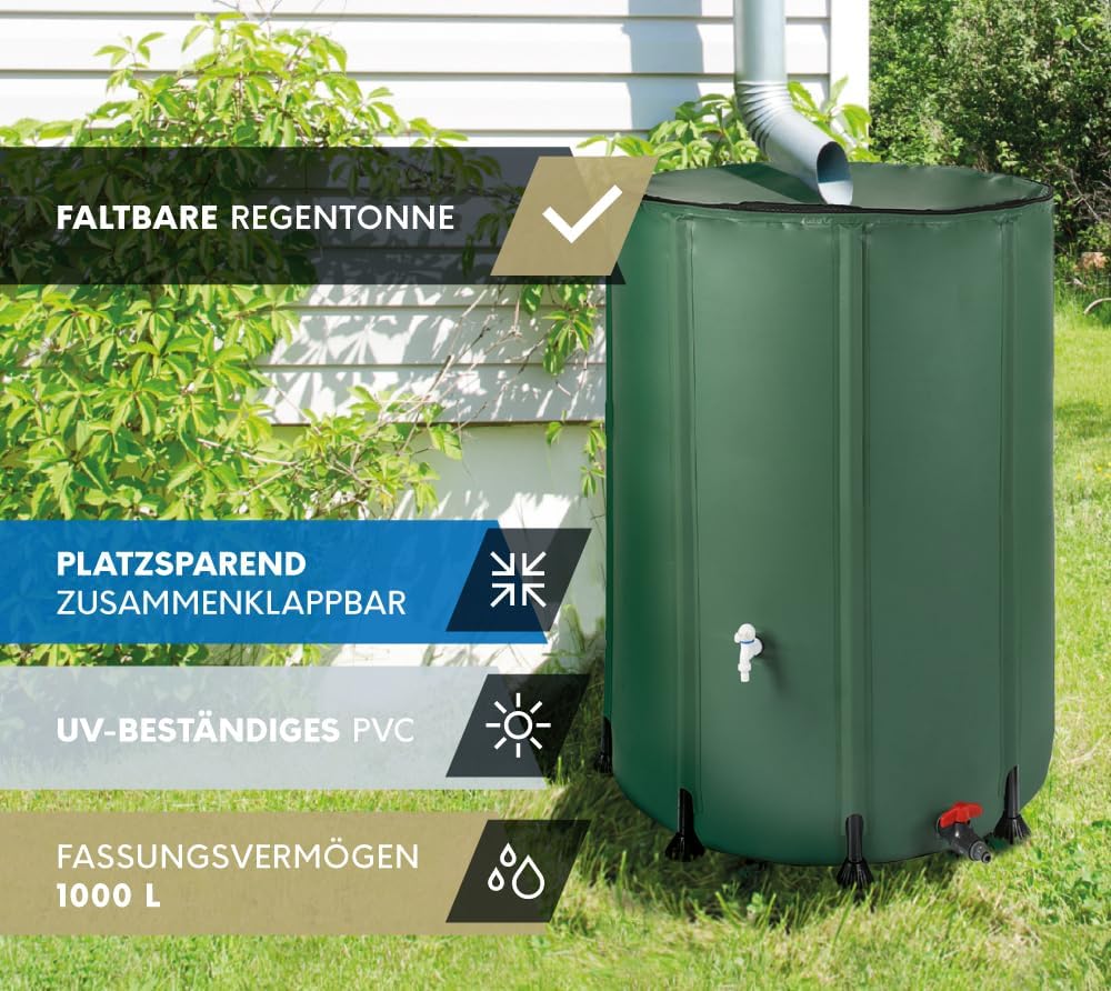 WESTMANN Faltbare Regentonne | 1000 Liter Grün | Regenwassertank & Regenfass zum Sammeln von Regenwa