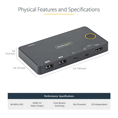 StarTech.com 2 Port Hybrid KVM Switch HDMI + USB-A & USB-C - 4K 60Hz HDMI 2.0 Monitor - Kompakter De