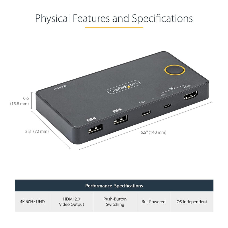 StarTech.com 2 Port Hybrid KVM Switch HDMI + USB-A & USB-C - 4K 60Hz HDMI 2.0 Monitor - Kompakter De