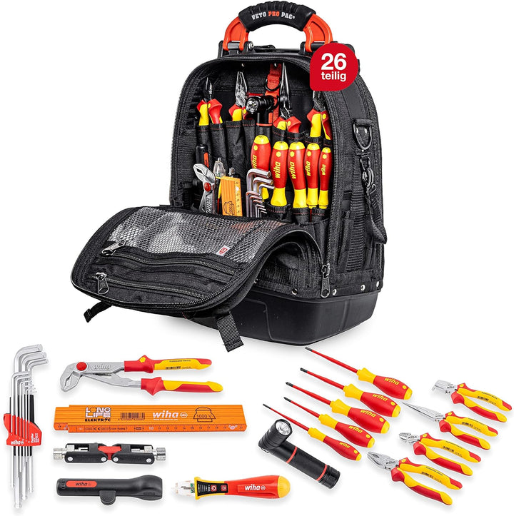 Wiha Profi Werkzeugrucksack bestückt mit Werkzeug 26-teilig (45153) für Elektriker I Werkzeugtasche,