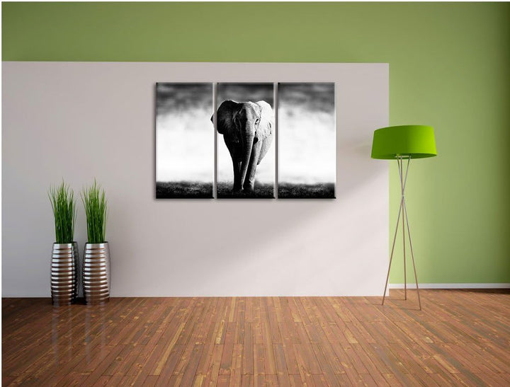 Elefant im Alleingang schwarz/weiss 3-Teiler Leinwandbild 120x80 Bild auf Leinwand, XXL riesige Bild