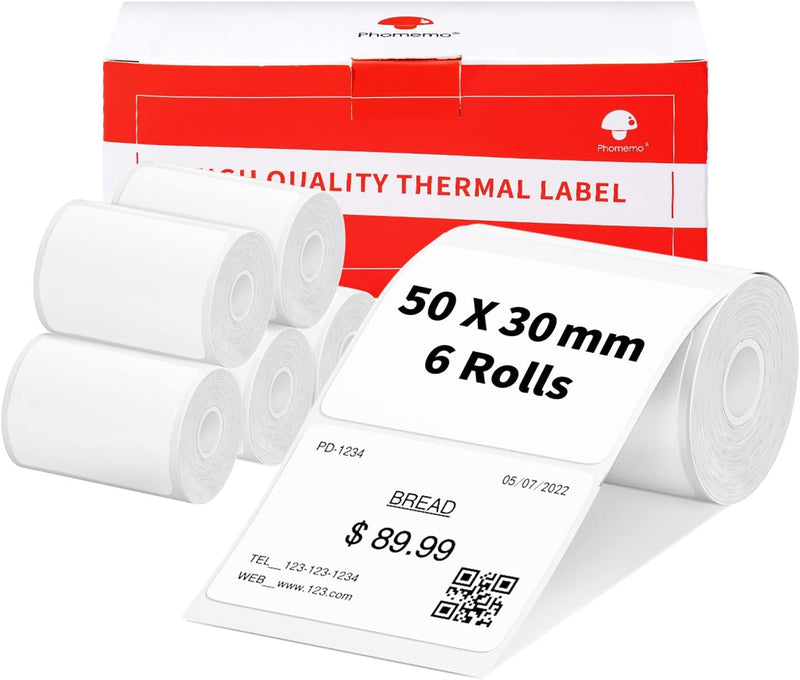 6 Rollen Phomemo M120/M110 Etiketten, 1.96"x 1.18" (50 x 30 mm) Thermoetikettenpapier für Phomemo M1