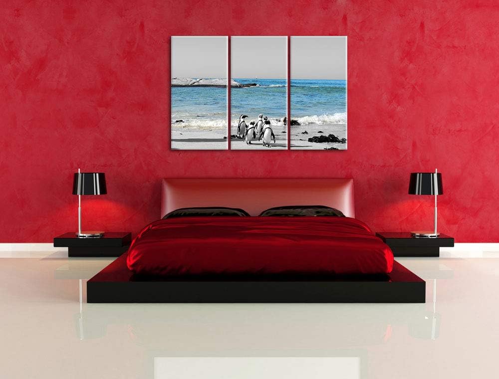 lustige Pinguine am Strand schwarz/weiss 3-Teiler Leinwandbild 120x80 Bild auf Leinwand, XXL riesige