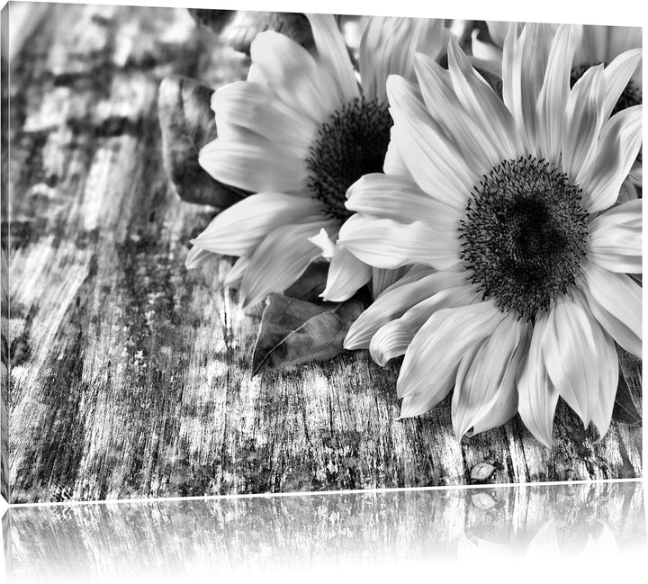 Pixxprint Sonnenblumen auf Holztisch als Leinwandbild/Grösse: 100x70 / Wandbild/Kunstdruck/fertig be