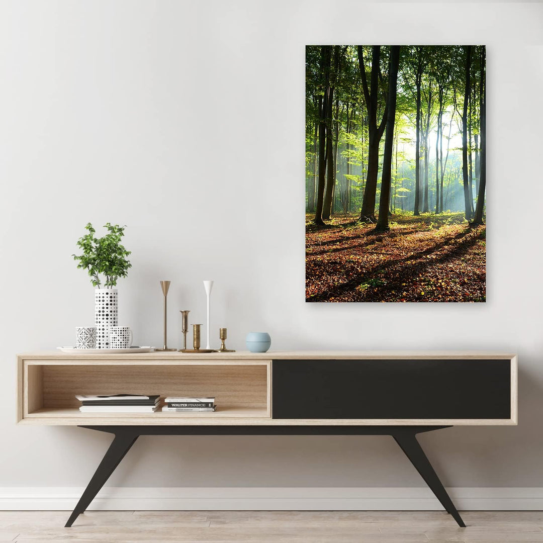 Feeby Vlies Leinwandbild Blätter Sonnenstrahlen Landschaft 60x90 cm Druckbild Wandbild Wanddekoratio