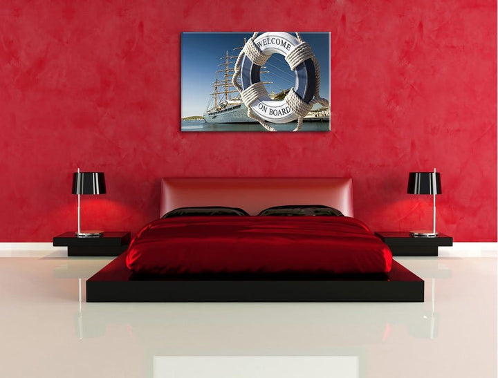 Rettungsring vor Schiff Format: 100x70 auf Leinwand, XXL riesige Bilder fertig gerahmt mit Keilrahme