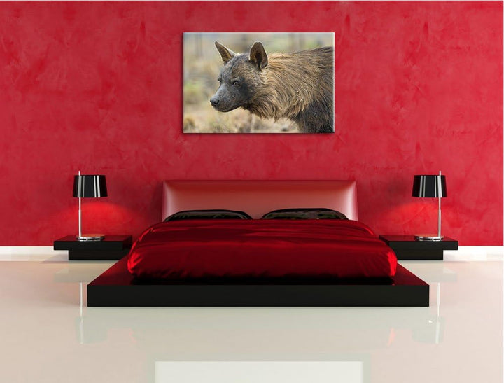 Pixxprint anmutige Hyäne im Wildgras auf Leinwand, XXL riesige Bilder fertig gerahmt mit Keilrahmen,