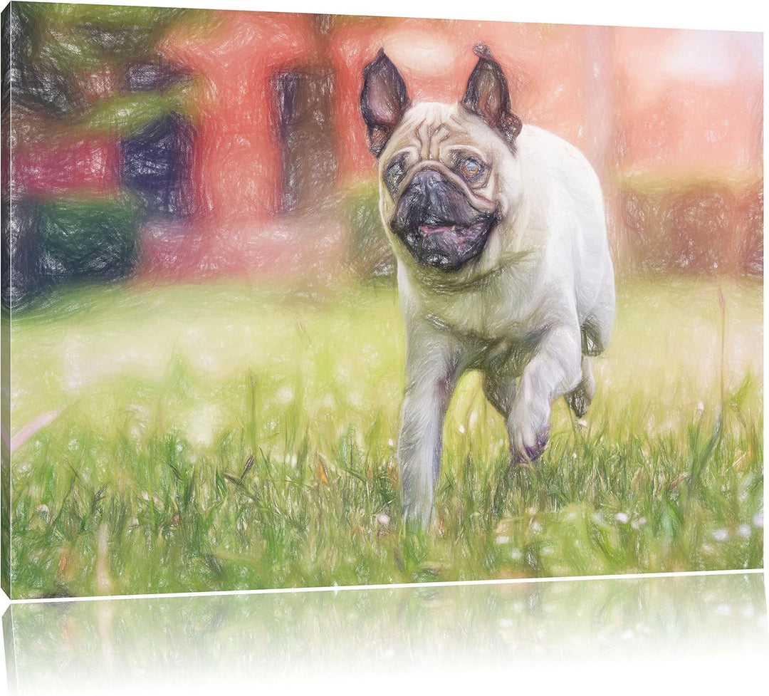 Pixxprint Rennender Mops als Leinwandbild/Grösse: 100x70 cm/Wandbild/Kunstdruck/fertig bespannt, 100