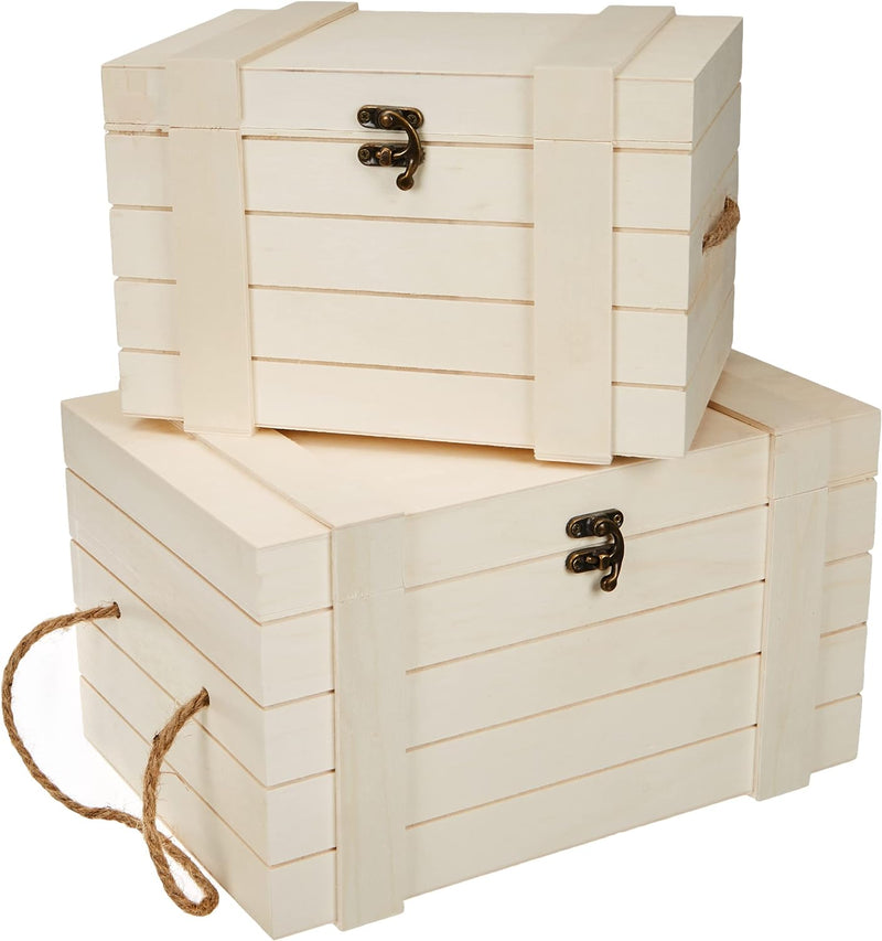 Rayher Hobby 62651000 Holz-Truhen Set mit Jutegriffen, Set 2 Stück, 30 x 20,5 x 17,3 cm und 24 x 16