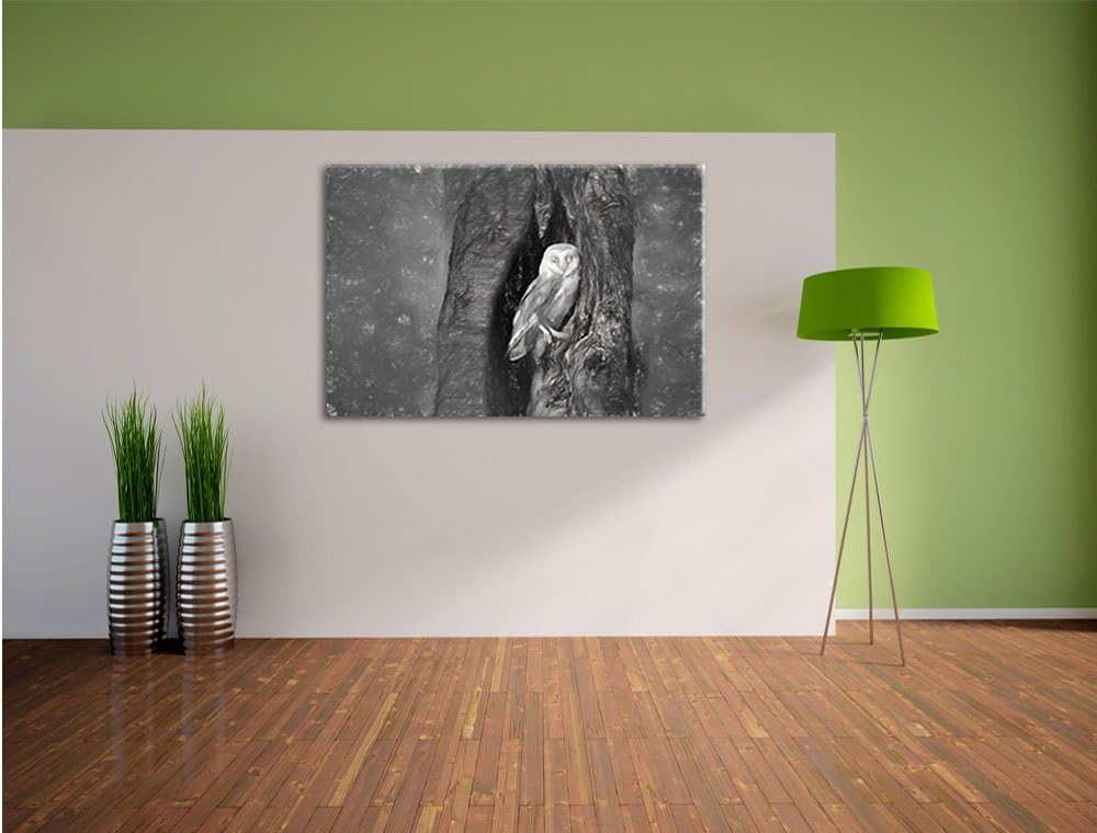 Pixxprint Schleiereule in der Baumhöhle Kunst Kohle Effekt, Format: 100x70 auf Leinwand, XXL riesige