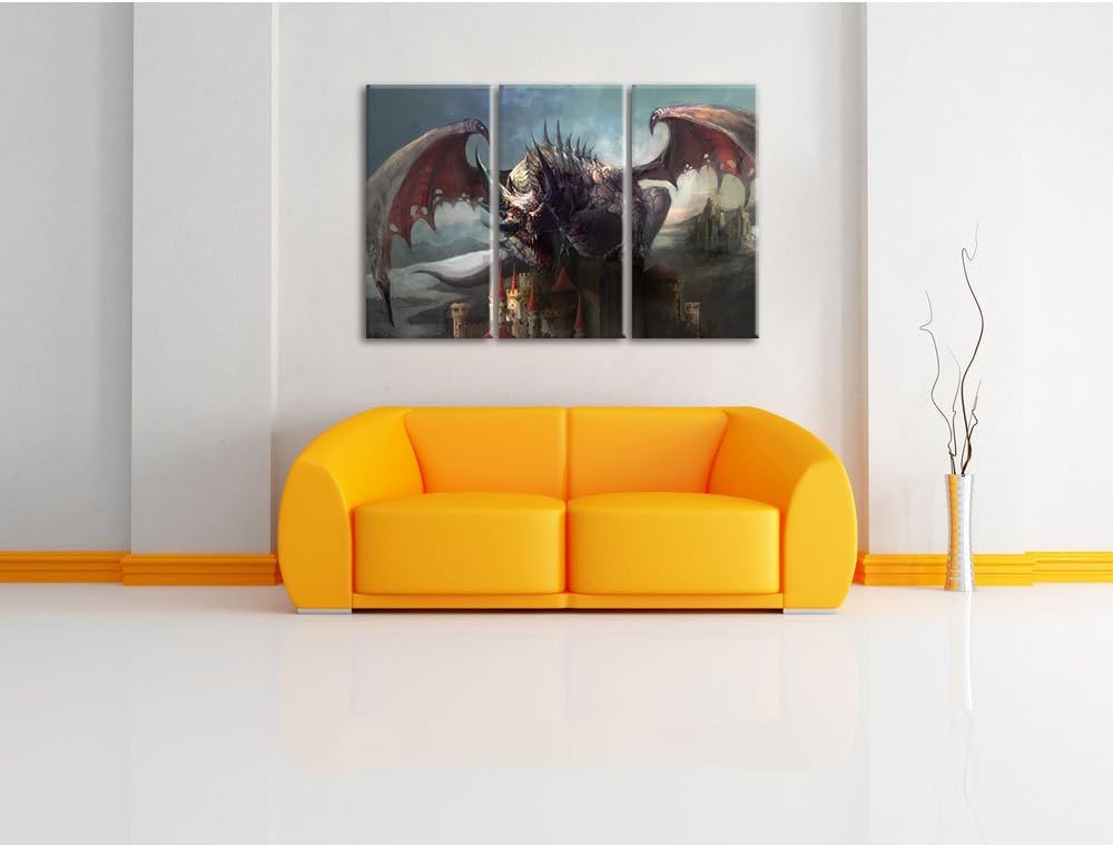 Pixxprint der Drache auf der Festung als Leinwandbild - Grösse: 3-Teilig (120x80cm) - Wandbild - Kun