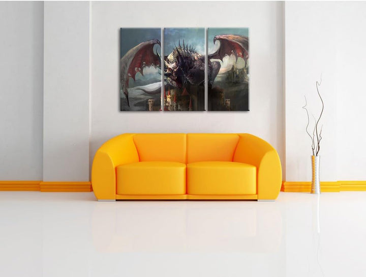 Pixxprint der Drache auf der Festung als Leinwandbild - Grösse: 3-Teilig (120x80cm) - Wandbild - Kun