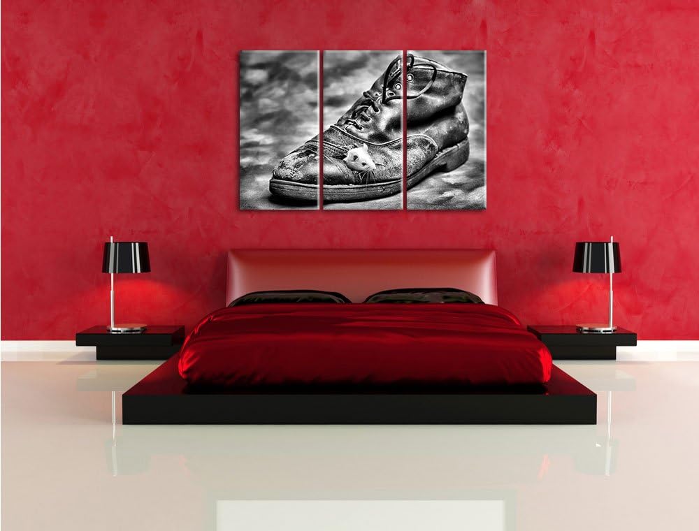 Pixxprint Maus, schwarzer Schuh, als Leinwandbild | Grösse: 3 Teilig (120x80) | Wandbild| Kunstdruck