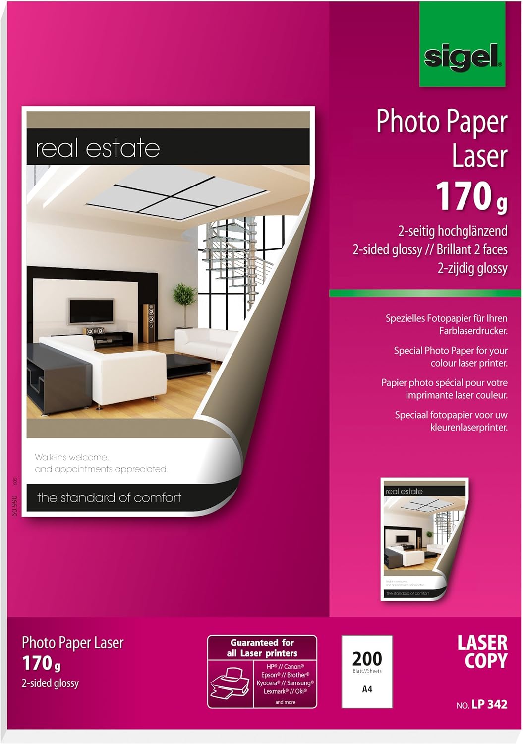 SIGEL LP342 Fotopapier für Laser / Kopierer, A4, 200 Blatt, hochglänzend, beidseitig bedruckbar, 170