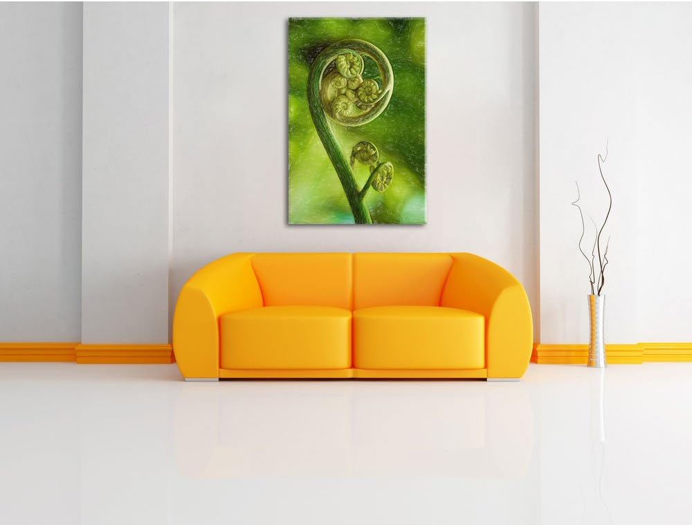 Pixxprint Lockiges Blatt von Einer Farne im Wald Kunst Buntstift Effekt, Format: 100x70 auf Leinwand