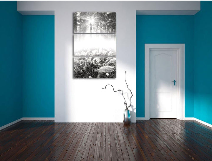 Pixxprint blühende lila Blumen im Wald Kunst Kohle Effekt 3-Teiler Leinwandbild 120x80 Bild auf Lein