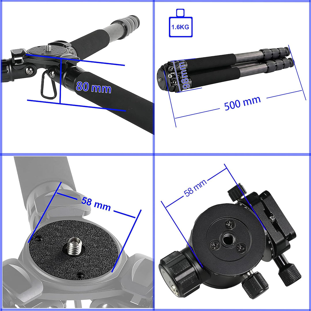 TINKTEEK Pyramid Carbon Kamera Stativ mit Panorama Kugelkopf ohne Mittelsäule 147cm 2kg Tragkraft 20
