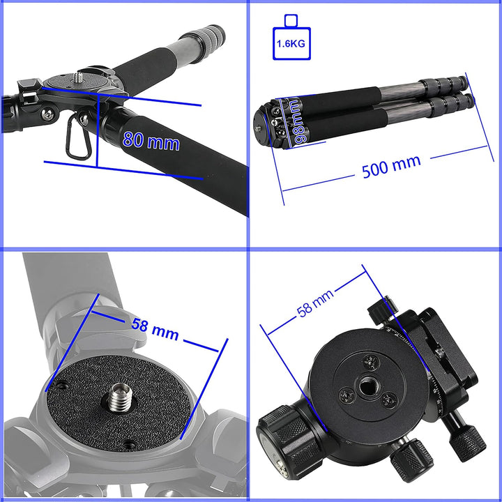 TINKTEEK Pyramid Carbon Kamera Stativ mit Panorama Kugelkopf ohne Mittelsäule 147cm 2kg Tragkraft 20