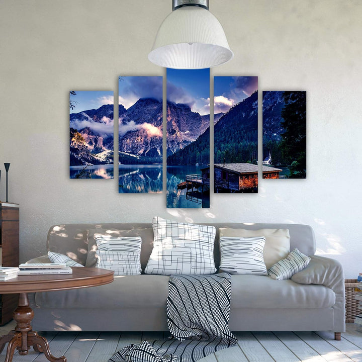 Bilder Berge 200x100 cm - Leinwandbild 5 Teilig XXL Kunstdruck Hütte See blau Leinwandbild XXL 200x1